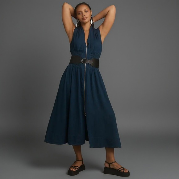Maeve Dresses & Skirts - Maeve by Anthropologie Tommie Smocked Front Zip Denim Midi Dress Blue Sz M